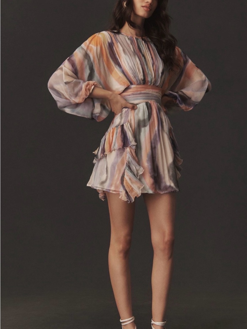 BHLDN Dawn High-Neck Long-Sleeve Mini Dress Size L Multicolor Ruffle. Orig $298.